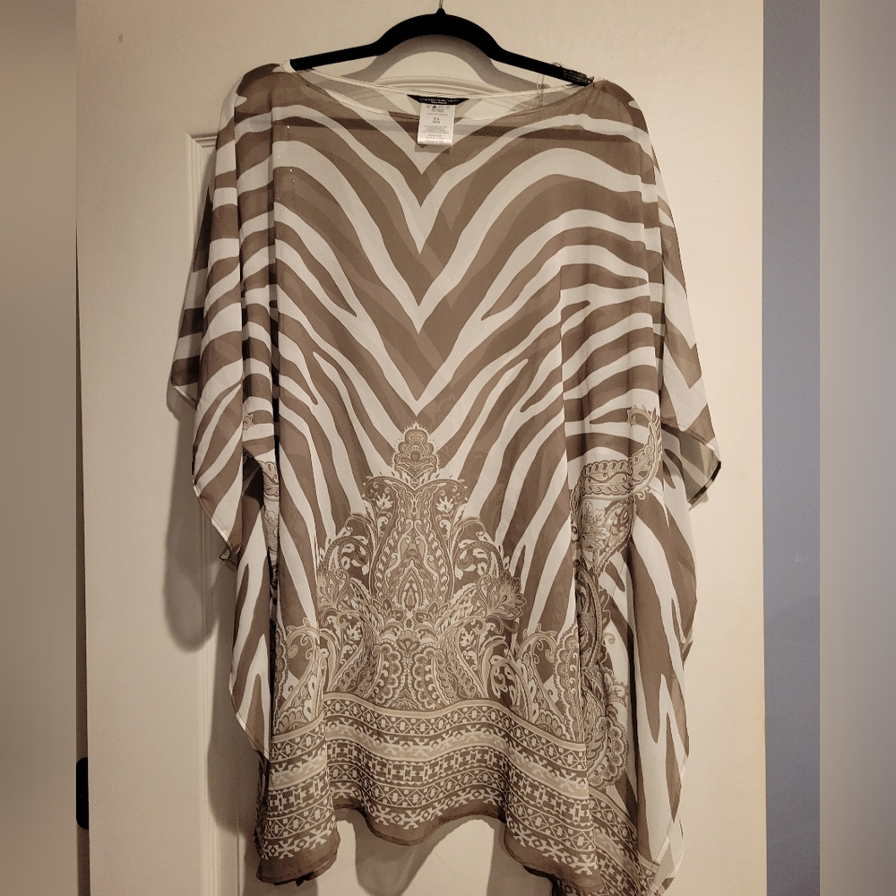 Sheer Taupe and White shirt/beach-coverup